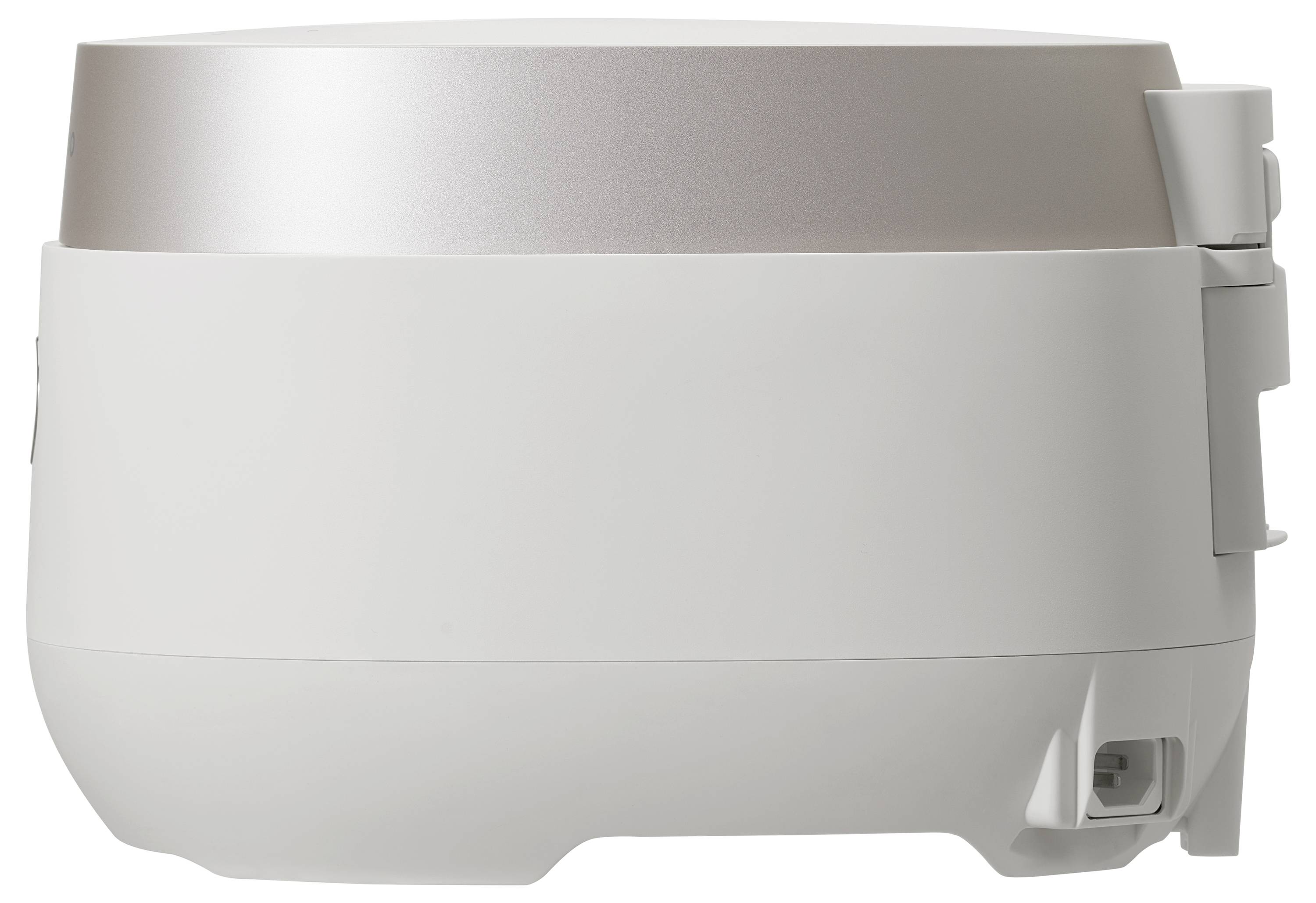 Ein weißer und edelstahlerner Reiskocher mit einem Verschluss an der Seite, von der Seite betrachtet, der sein modernes Design hervorhebt.