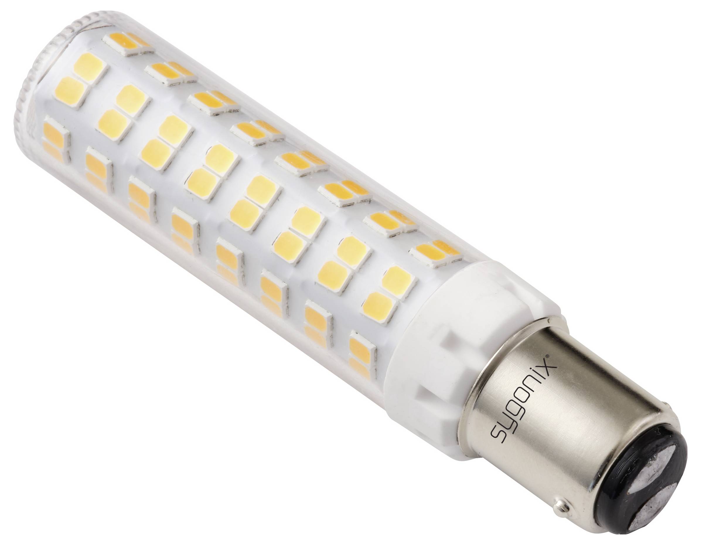 Eine zylindrische LED-Glühbirne mit zahlreichen kleinen orangen LEDs, die in einem transparenten Gehäuse eingebettet ist, mit der Aufschrift 