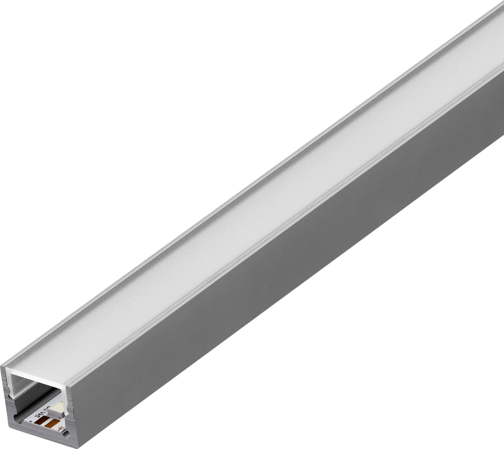 Ein Aluminium-LED-Profil mit einem milchigen Diffusor-Abdeckung, das einen Innenslot zur LED-Streifeninstallation zeigt.