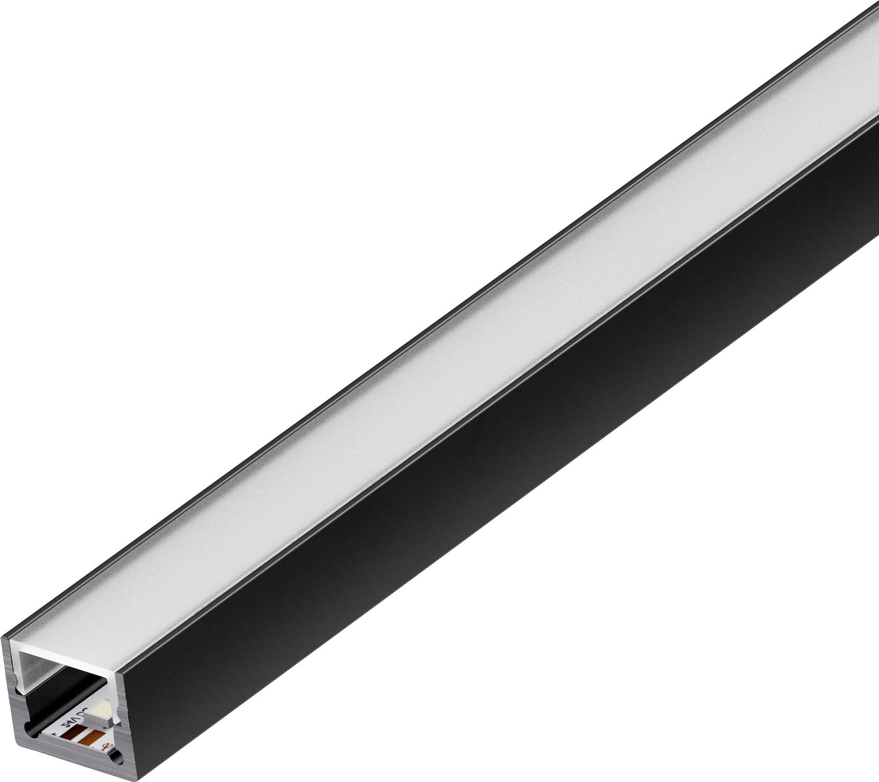 Eine schwarze LED-Streifenbeleuchtung mit freiliegenden Anschlüssen an einem Ende, in einem Aluminiumkanal mit diffuser Abdeckung, verwendet für Beleuchtungszwecke.