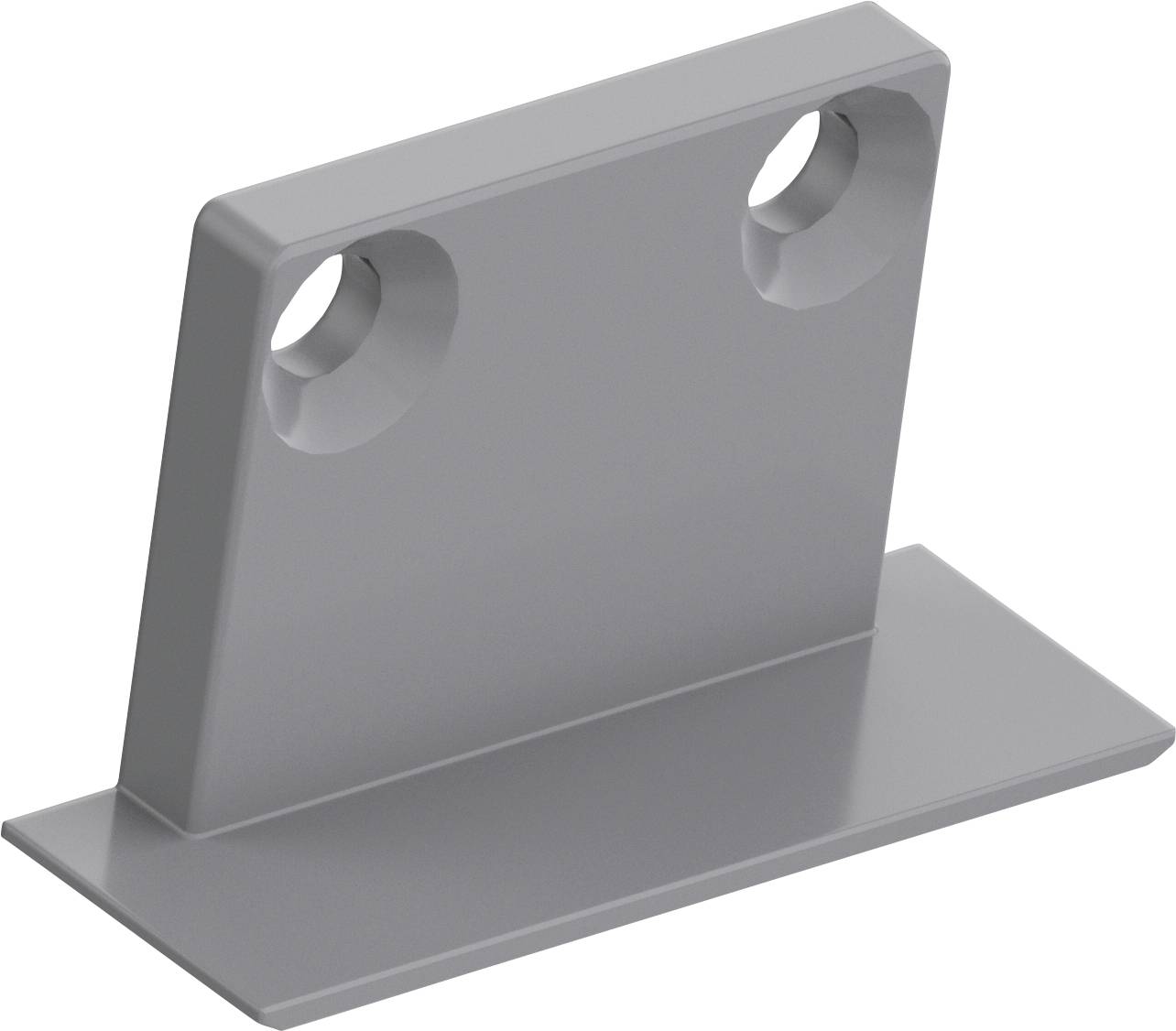 Eine graue Metallhalterung mit zwei kreisrunden Löchern am oberen Rand, die zur Befestigung oder Unterstützung beim Bauen oder bei der Möbelmontage verwendet wird.