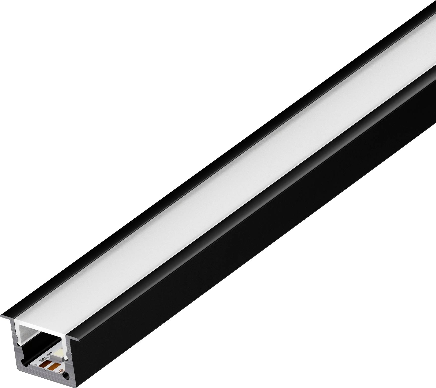 Ein schwarzes lineares LED-Profil mit einer mattierten Abdeckung, entwickelt zur Aufnahme von LED-Streifen, üblicherweise für Ambiente- oder Arbeitsbeleuchtung verwendet.