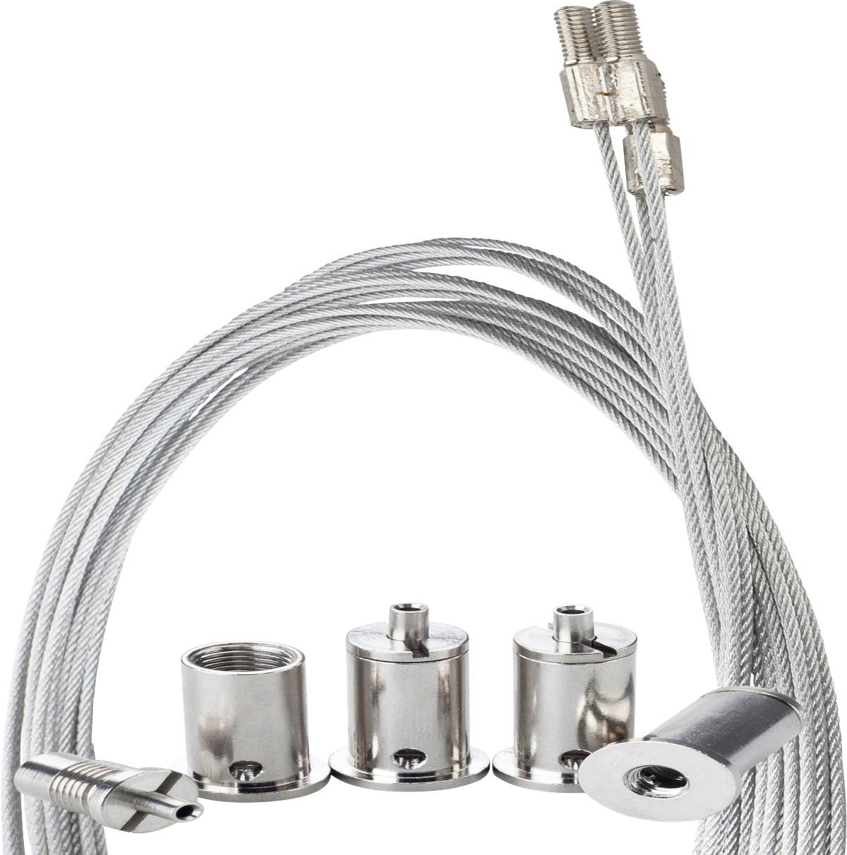 Metallkabelsystem mit verschiedenen Befestigungen, Verbindern und Edelstahlbeschlägen für Aufhängungszwecke.