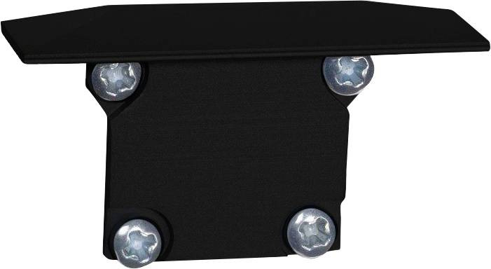 Eine schwarze Metallhalterung mit einer flachen Oberseite und vier silbernen Schrauben, die zum Befestigen oder Verbinden von Teilen verwendet wird.