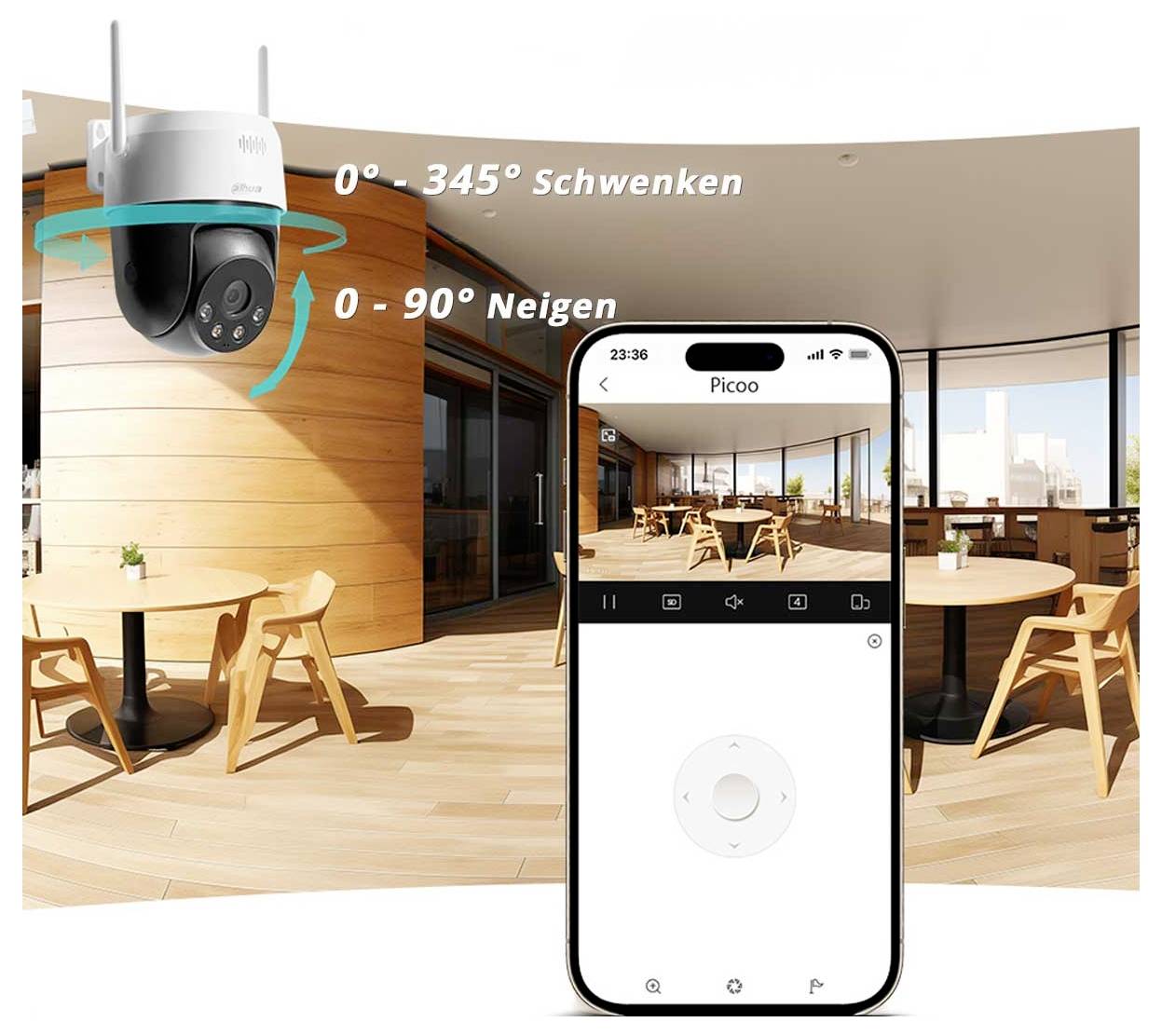 Eine Outdoor-Sicherheitskamera ist neben einem Smartphone-Bildschirm zu sehen, der die Steuerungs-App der Kamera anzeigt. Kamerabewegungen: 0°-345° Schwenken, 0°-90° Neigen.