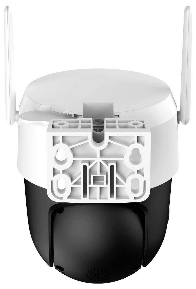 Eine schwarz-weiße Außensicherheitskamera mit Halterung, entwickelt für drahtlose Verbindungen und ausgestattet mit zwei Antennen zur Signalerfassung.