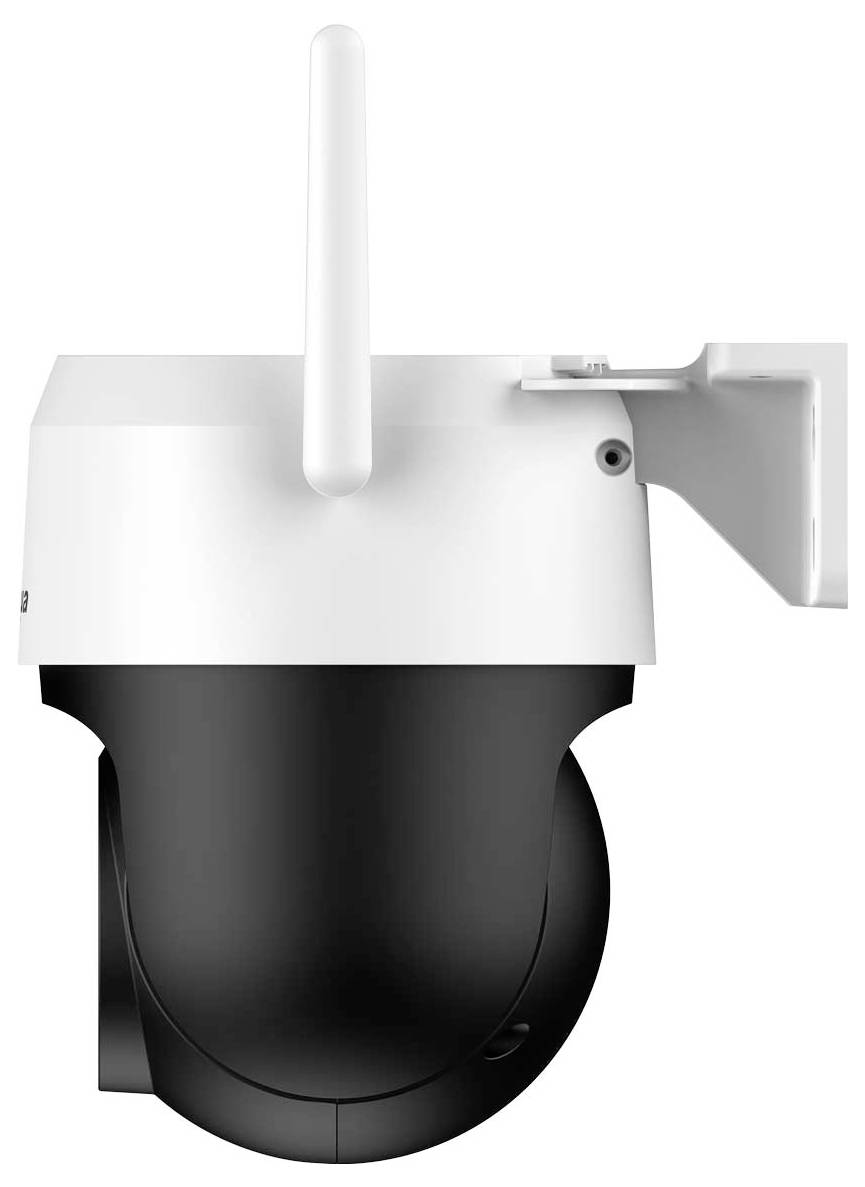 Sicherheitskamera mit schwarzer Kuppel und weißem Gehäuse, ausgestattet mit einem verstellbaren Halterungsarm und Antenne, geeignet für Außenüberwachung.