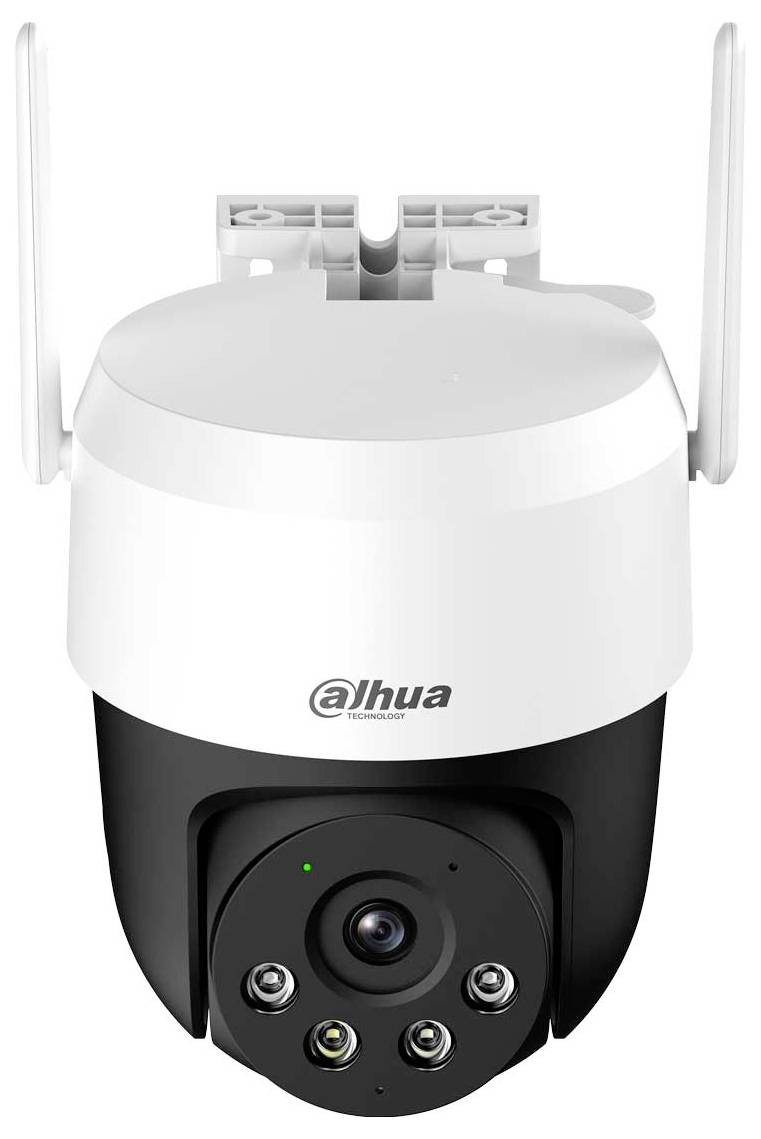 Eine weiße und schwarze Sicherheitskamera mit Markenlogo, ausgestattet mit mehreren Objektiven und Antennen für drahtlose Konnektivität.