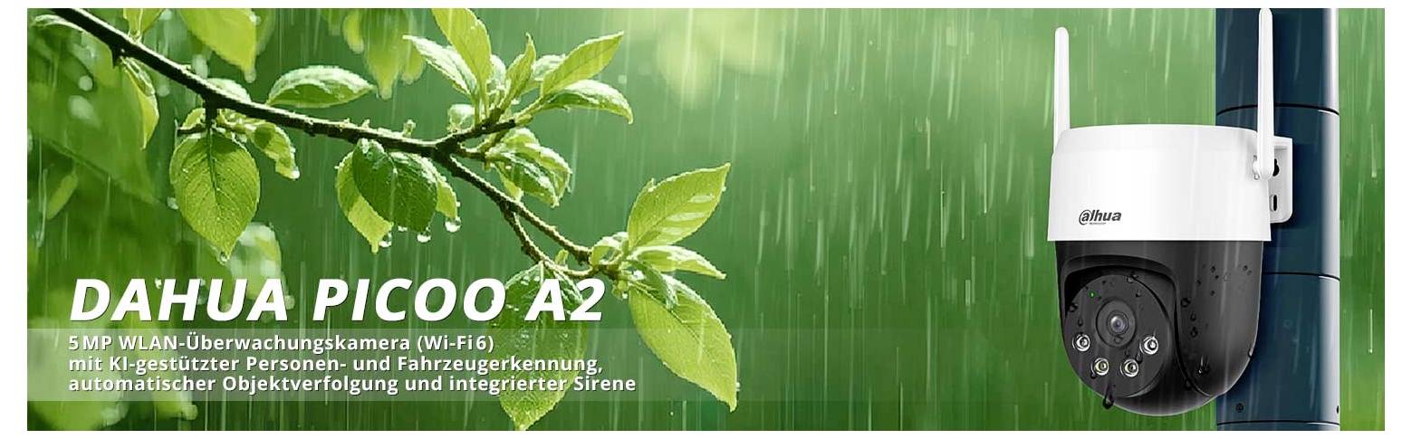 Outdoor-Überwachungskamera auf einem Mast inmitten von Grünpflanzen mit Regentropfen. Text: 'Dahua Picoo A2', mit Hervorhebung der 5MP-WLAN-Funktionen.