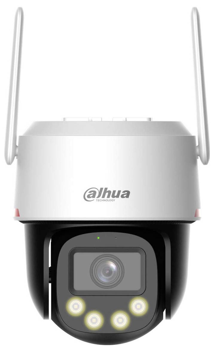 Eine Sicherheitskamera mit der Markenbezeichnung 'Dahua Technology', ausgestattet mit einem verstellbaren Objektiv und Antennen, konzipiert für Überwachungszwecke.