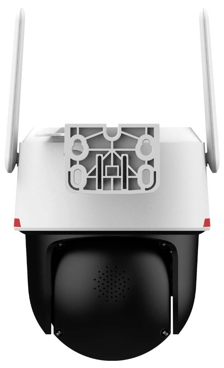 Eine Überwachungskamera mit Antennen und einer Montagebefestigung, für den Außeneinsatz konzipiert, mit einem schwarzen, kugelförmigen Objektivgehäuse.