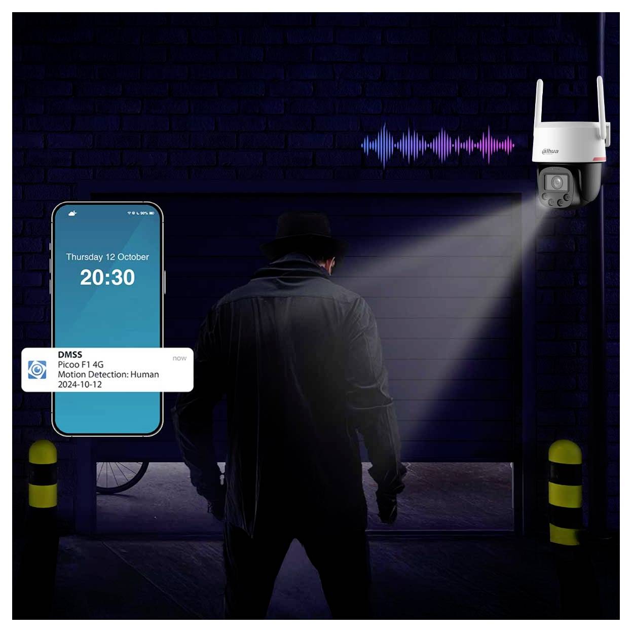 Eine Person in einem dunklen Mantel wird von hinten gesehen, wie sie sich einer Sicherheitskamera nähert und dabei ein Telefon hält. Die Kamera erkennt menschliche Bewegung.