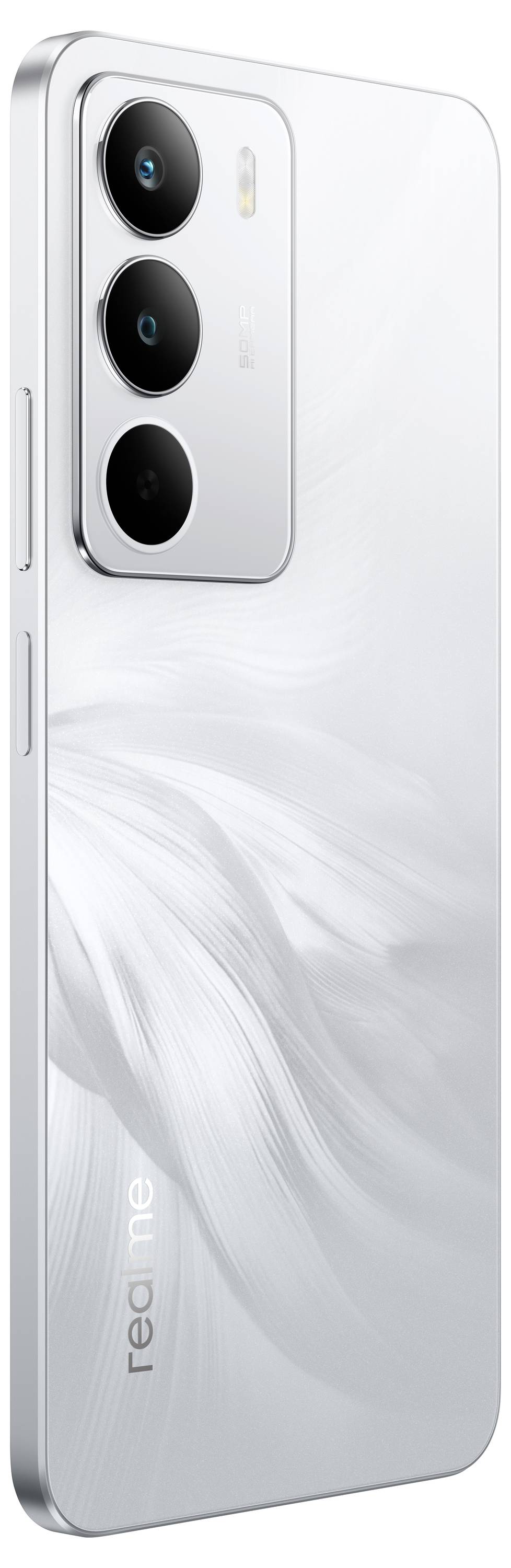 Ein schlankes, modernes Smartphone mit geschwungener Form, ausgestattet mit drei Rückkameras und einem leichten Federstrukturmuster auf der Rückseite, das Eleganz hervorhebt.