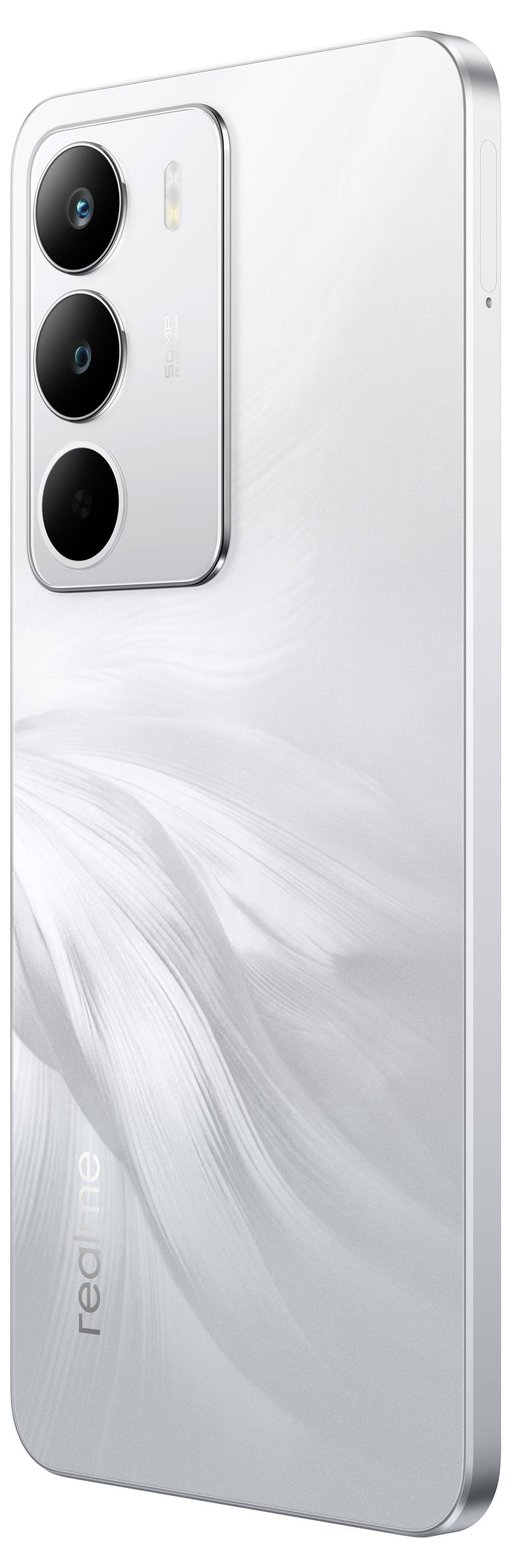 Ein schlankes, silbernes Smartphone mit dreifacher Kameraanordnung und dem 'realme' Logo, das ein federartiges Design auf der Rückseite zeigt.