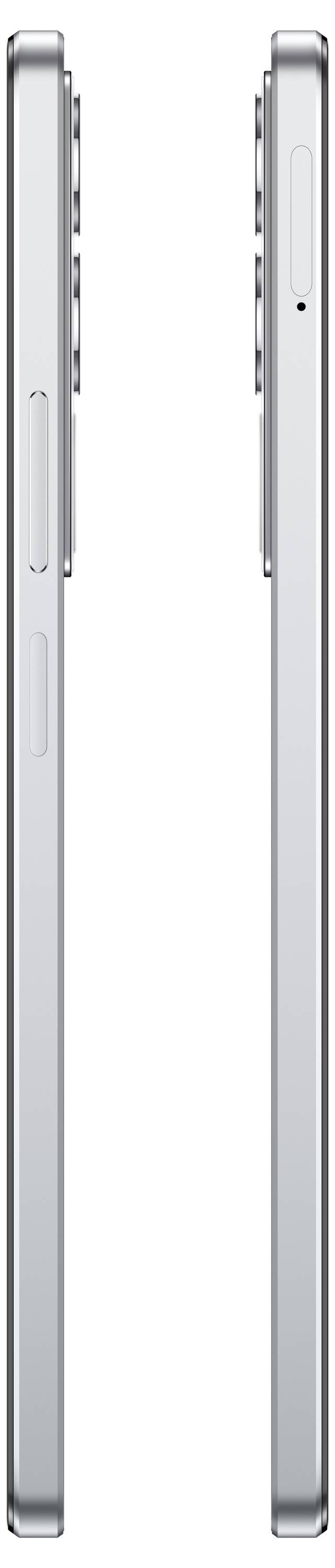 Seitenansicht eines silbernen Smartphones, das das dünne Design, flache Kanten und die Platzierung der Tasten an der linken Seite hervorhebt.