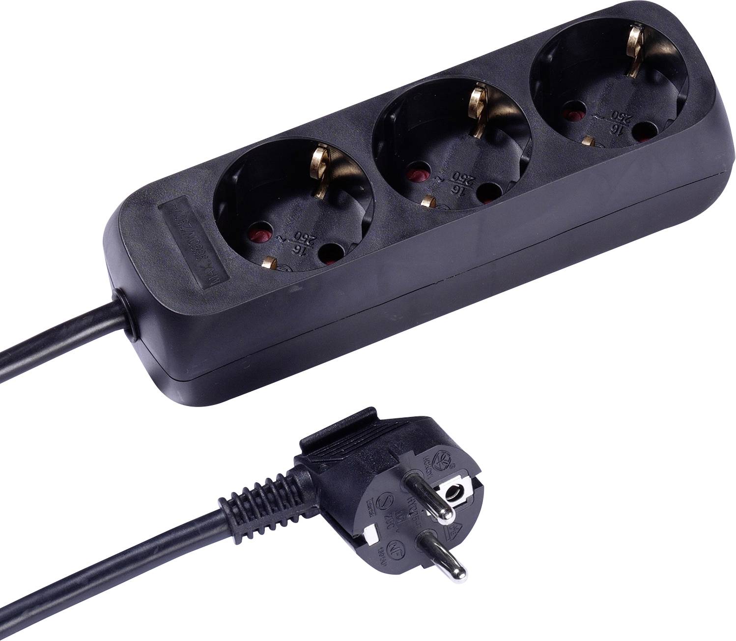 Ein schwarzes Mehrfachsteckdosenleiste mit angeschlossenem Stecker, verwendet zur Stromverteilung an mehrere Geräte.