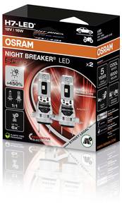 OSRAM Night Breaker LED Scheinwerferbirne mit Verpackung, die zwei Glühbirnen zeigt mit den Aufschriften 