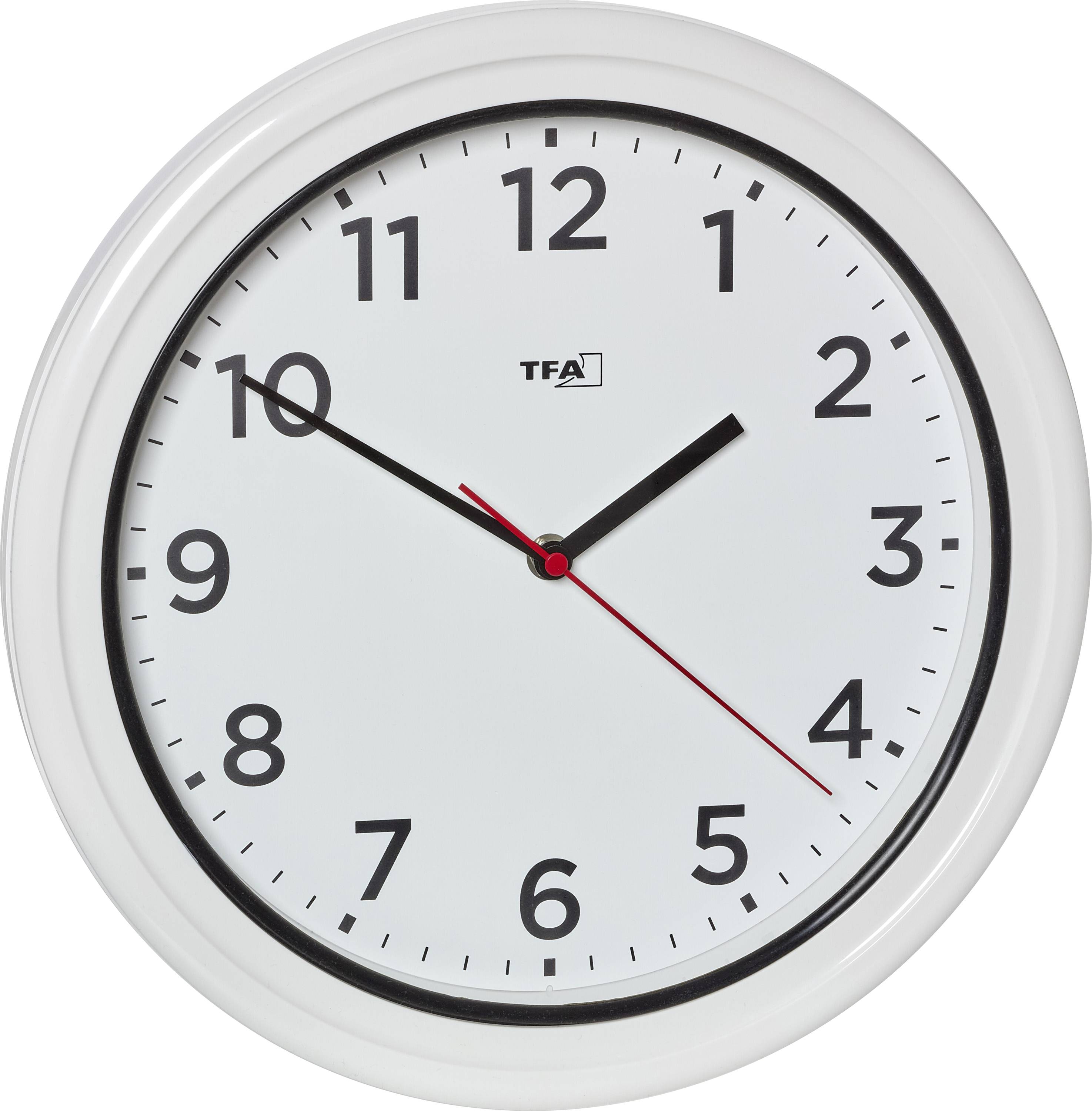 Eine weiße analoge Wanduhr, die die Zeit als 10:09 anzeigt.