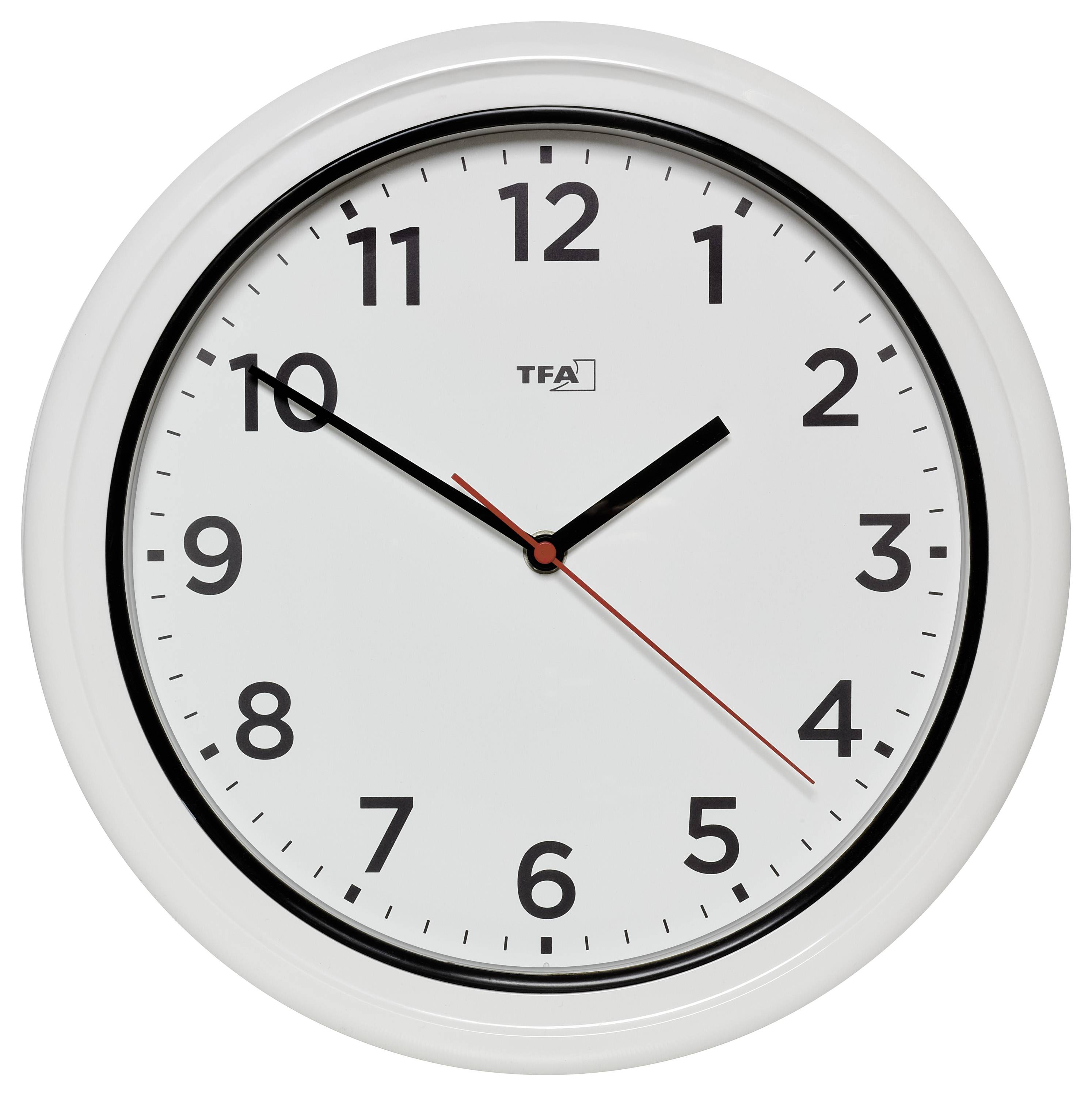 Eine runde Wanduhr mit schwarzen Zahlen und Zeigern, die die Zeit als 10:10 anzeigt. Der Sekundenzeiger ist rot vor einem weißen Hintergrund.
