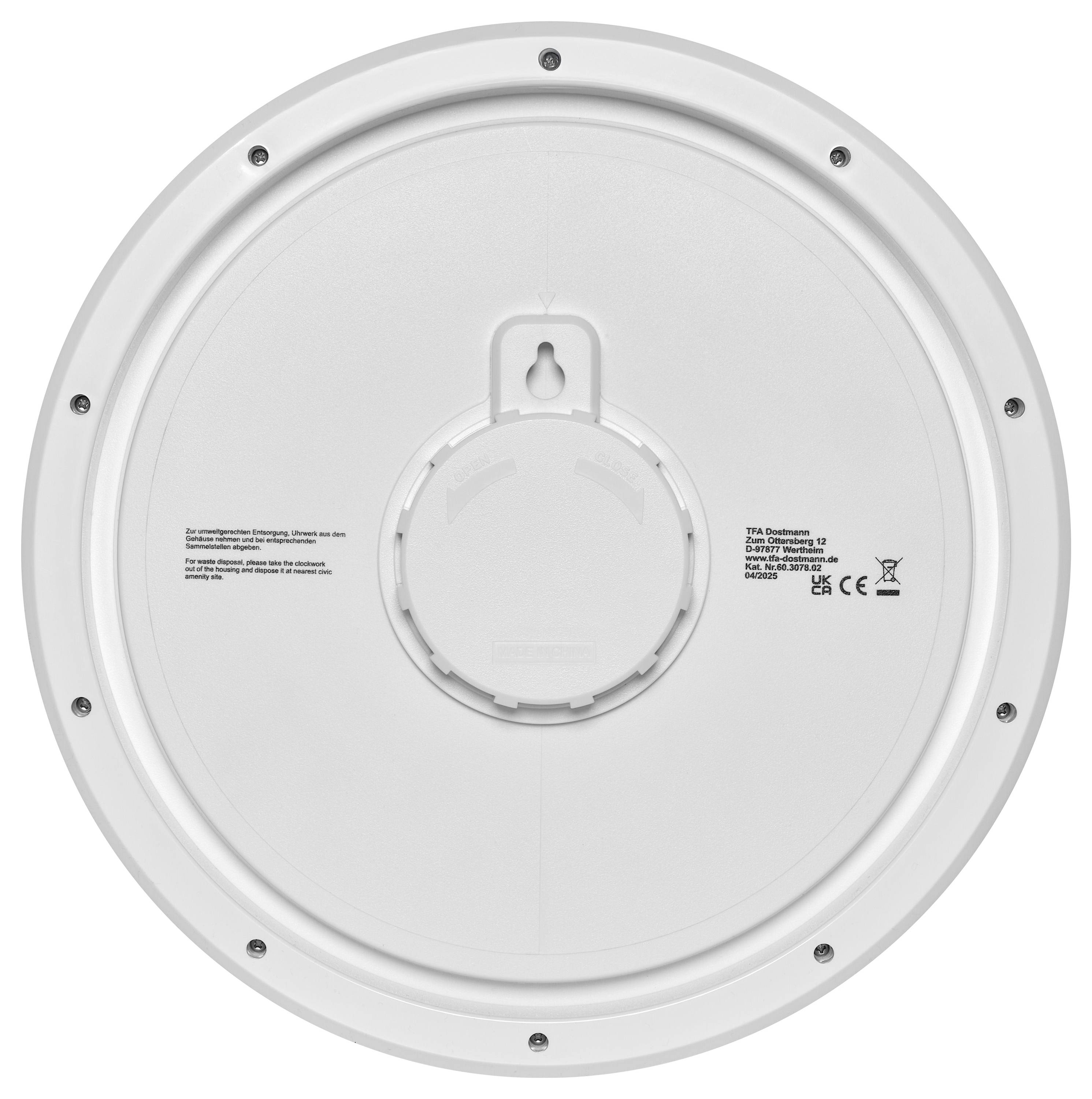 Runder weißer Lautsprecher mit sichtbarer kreisförmiger Befestigungshalterung und Spezifikationstext am äußeren Rand.