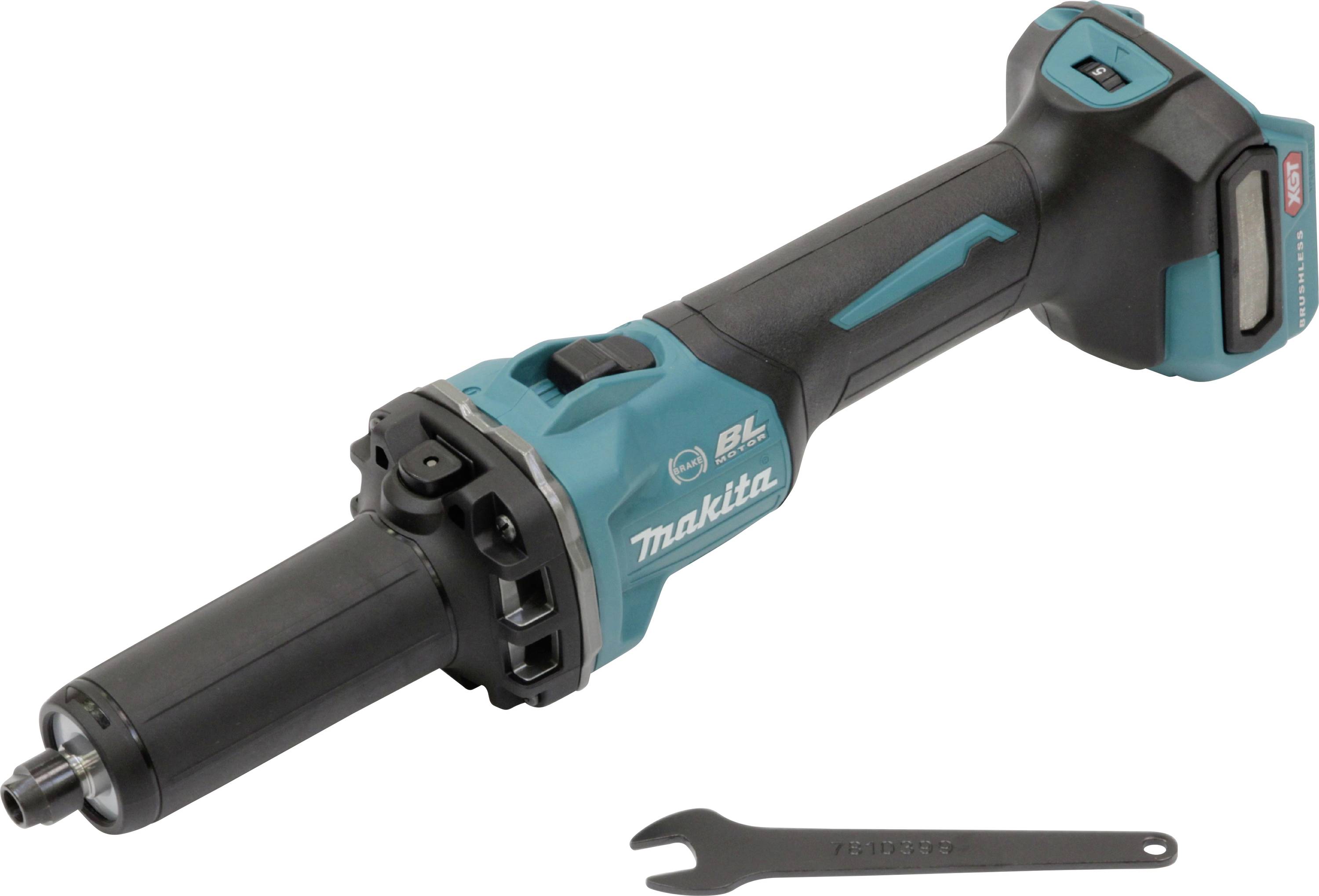 Ein kabelloses Makita-Schleiftool mit schwarzem und blaugrünem Gehäuse. Das Werkzeug wird mit Batterie betrieben und ist mit einem Metallschlüssel daneben abgebildet.