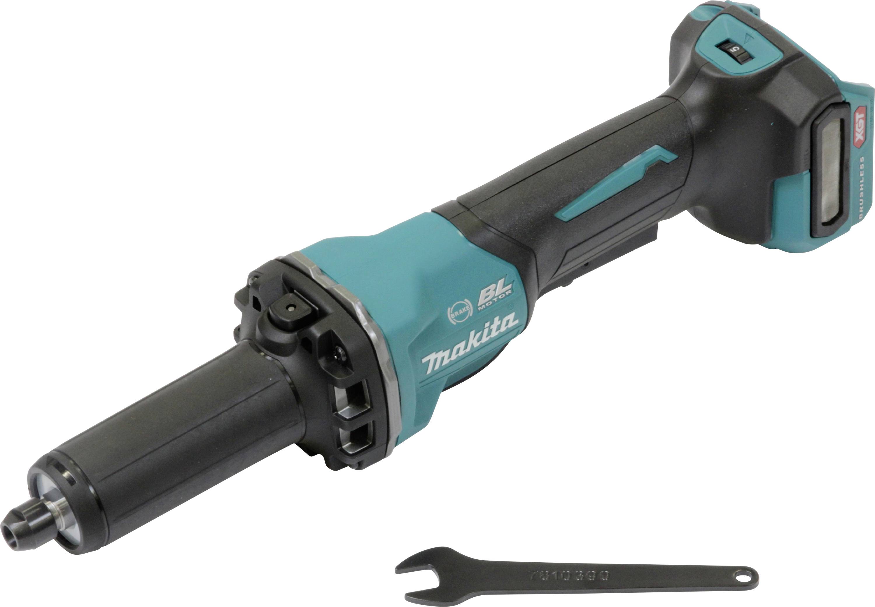 Ein kabelloser Makita-Winkelschleifer mit einem petrol- und schwarzen Griff, neben einem Schraubenschlüssel gezeigt. Perfekt für dauerhafte, präzise Schleifarbeiten.