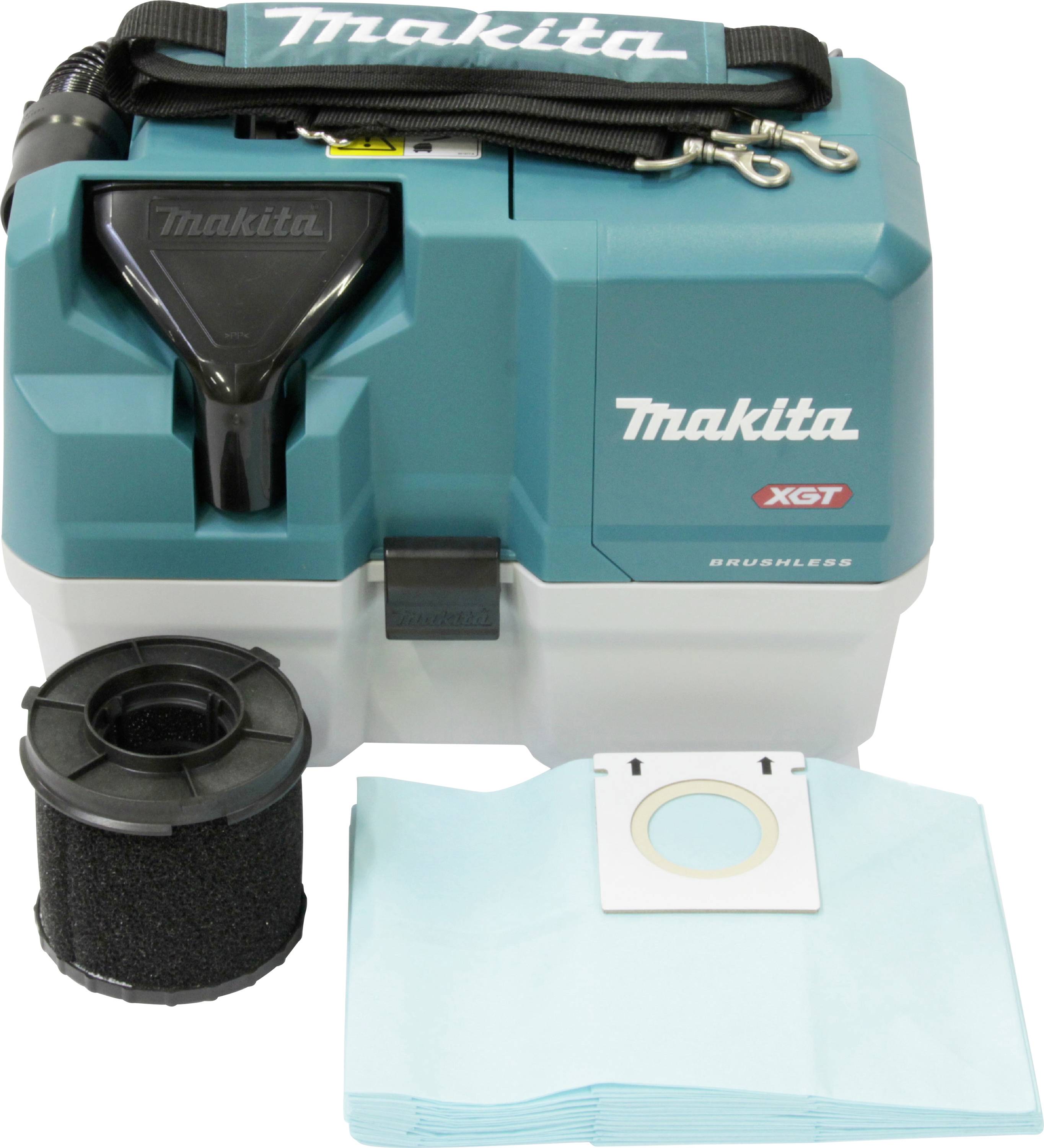 Kompakter, türkisfarbener Makita XGT bürstenloser Staubsauger mit abnehmbarem Filter und Staubbeuteln, entwickelt für effiziente, mobile Reinigung.