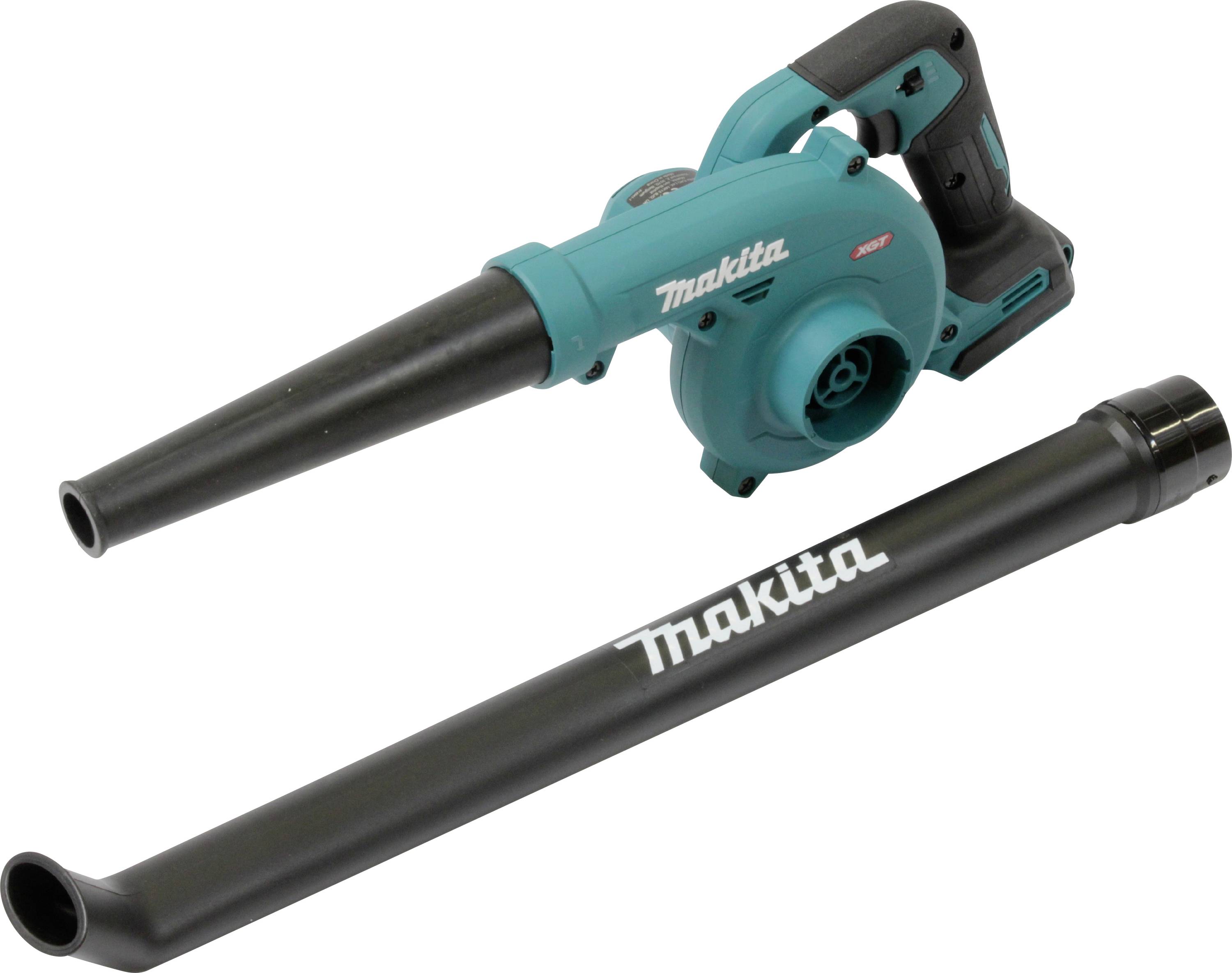 Ein Makita Laubgebläse in Blau und Schwarz mit abnehmbarer Düse, entwickelt für den Einsatz im Freien zum Beseitigen von Blättern und Ablagerungen.