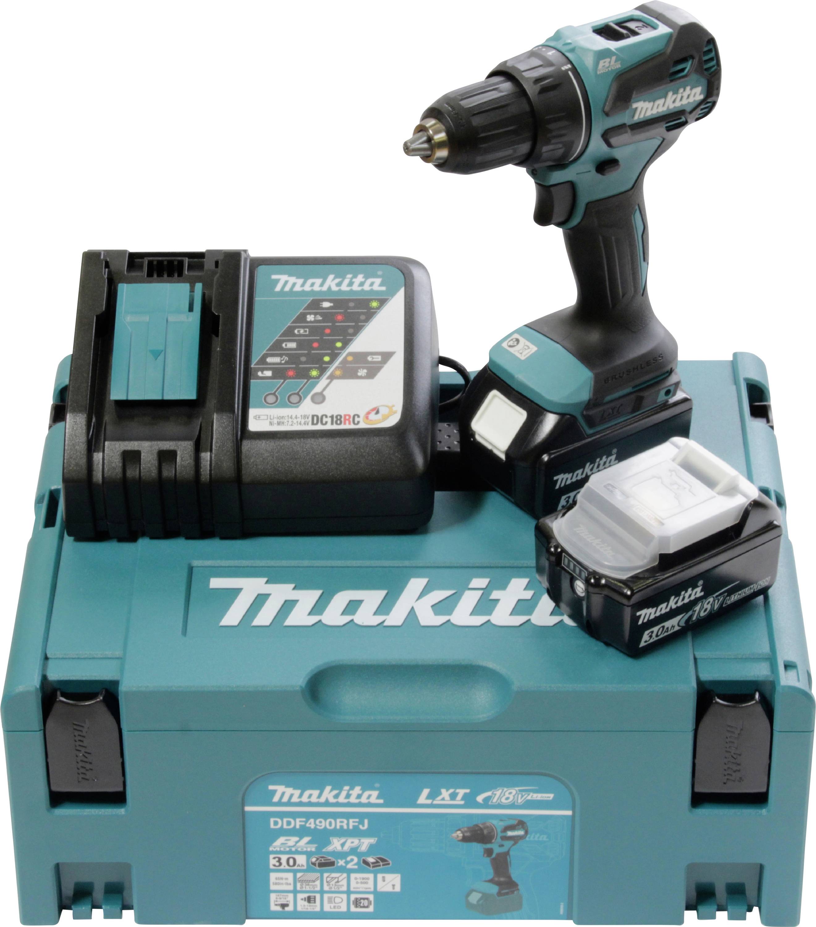 Ein Makita-Akkubohrerset mit einer Bohrmaschine, Batterieladegerät, Akku und Transportkoffer, das ein Elektrowerkzeug-Produktset zeigt.