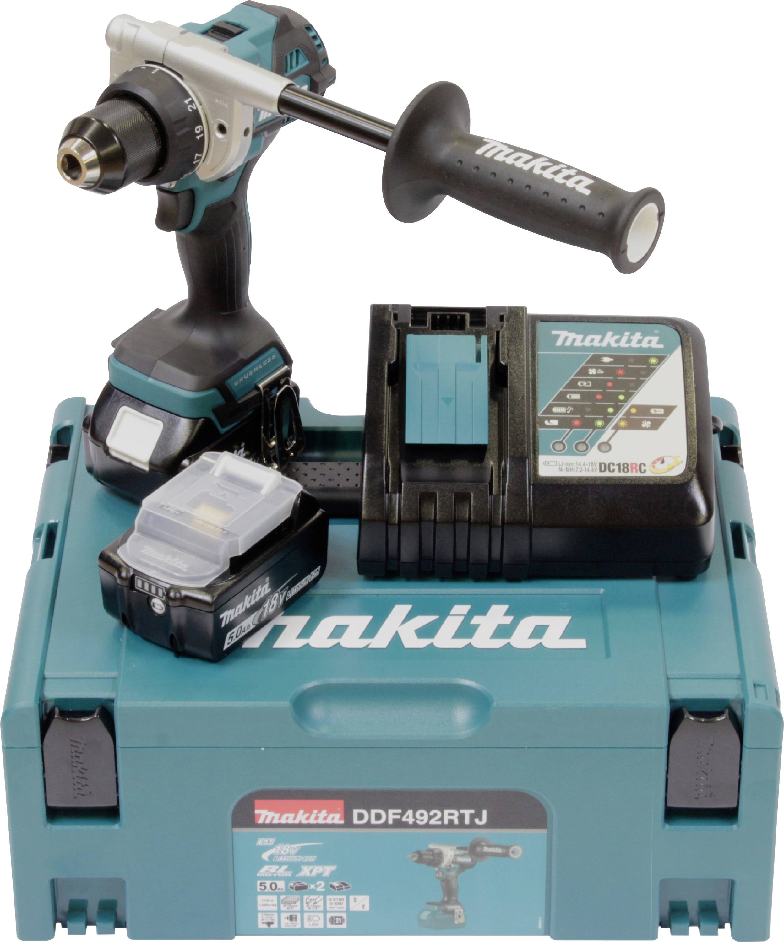 Ein schnurloses Makita-Bohrset in einem Koffer enthält einen Bohrer, ein Ladegerät, einen Griff, einen Akku und einen Transportkoffer und zeigt das komplette Werkzeugsatz.