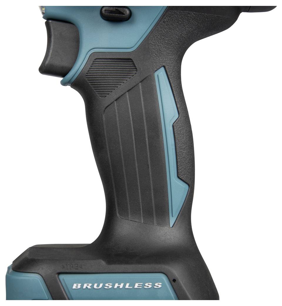 Eine Nahaufnahme des Griffs eines türkisfarbenen und schwarzen Elektrowerkzeugs mit der Bezeichnung „BRUSHLESS