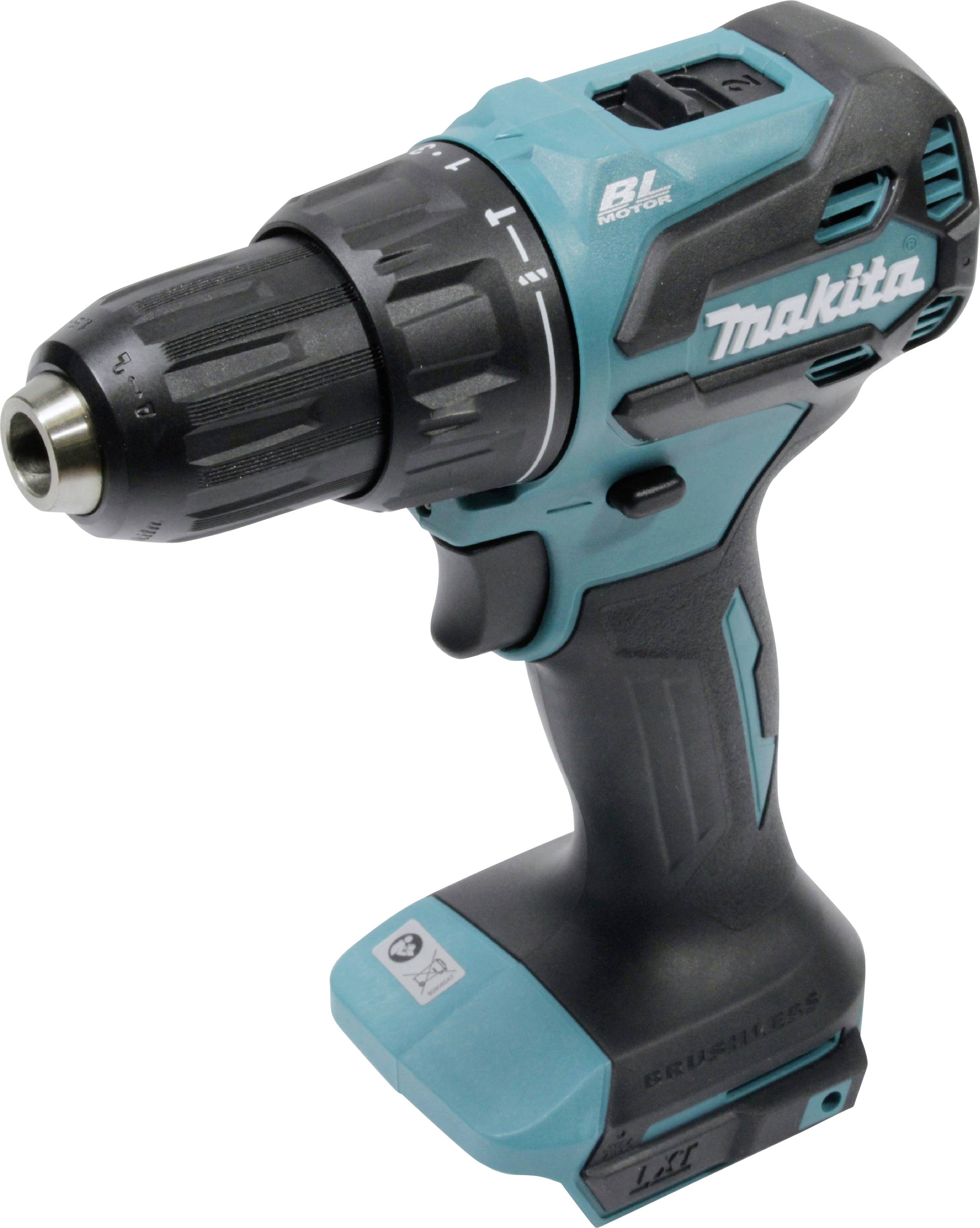 Eine kabellose Elektrobohrmaschine mit teal-schwarzem Design, ausgestattet mit dem Makita-Markenlogo, geeignet für verschiedene Bohrtätigkeiten.