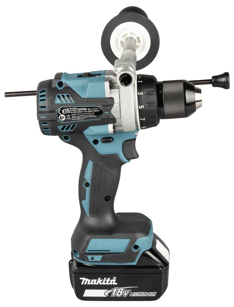 Makita 18V Akku-Bohrmaschine mit Seitengriff und zusätzlichem Frontgriff, dargestellt auf weißem Hintergrund.
