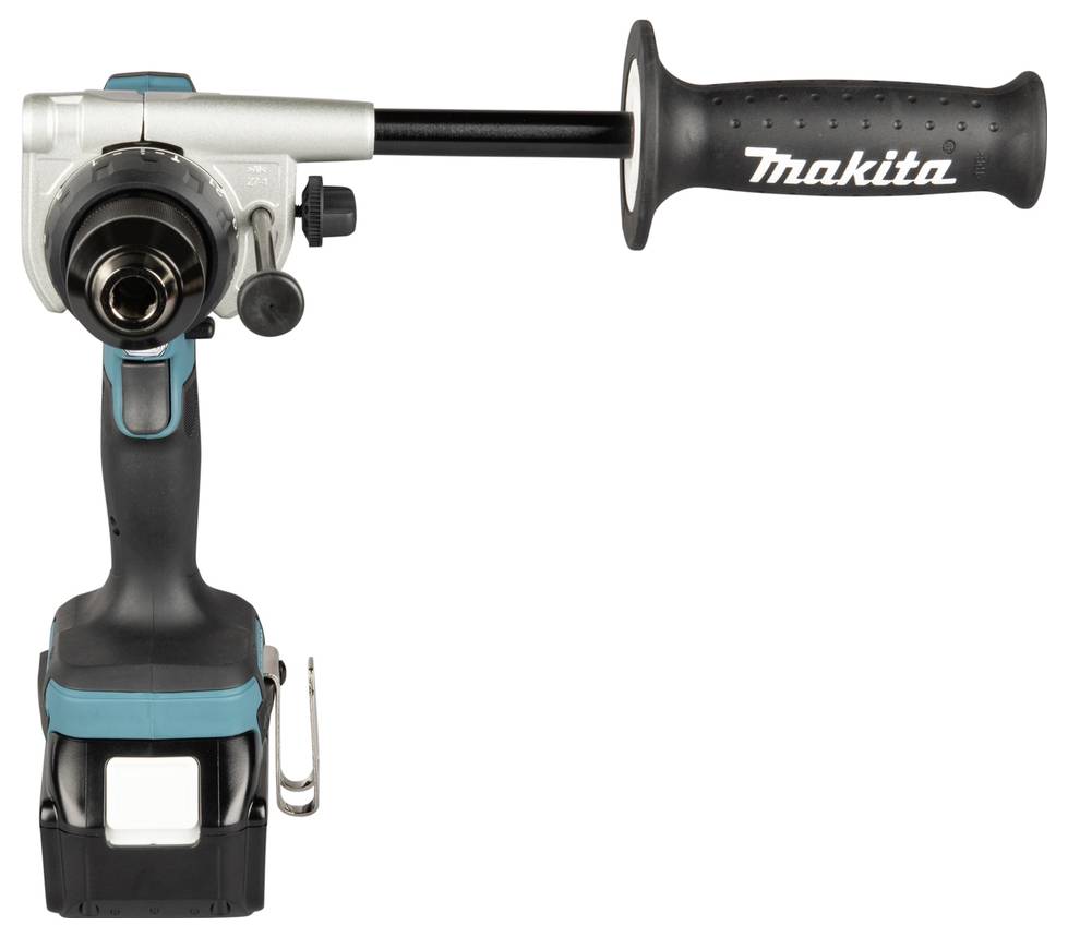 Kabelloses Makita-Elektrobohrgerät mit Seitegriff und Akku, gezeigt auf weißem Hintergrund.