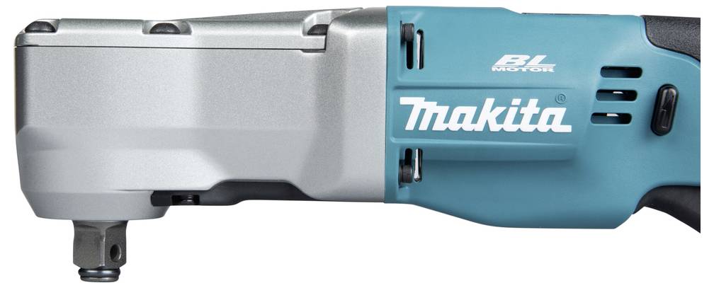 Makita kabelloses Winkelschlag-Schraubendreher, Seitenansicht des türkisfarbenen und silbernen Elektrowerkzeugs.