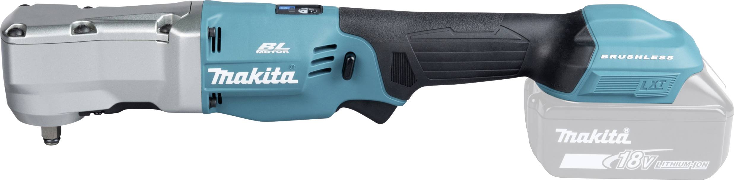 Eine blaue und graue Makita Akku-Winkelschrauber mit der Beschriftung 