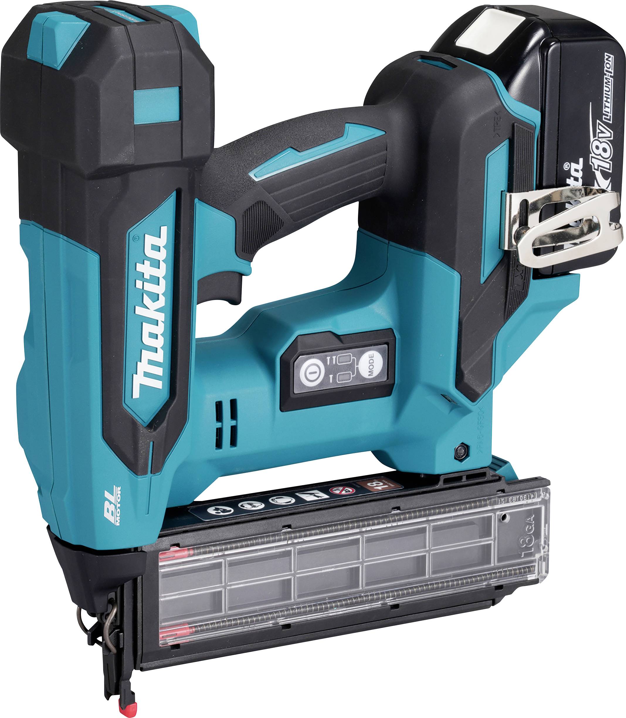 Ein blauer und schwarzer Makita Akku-Nagler mit Akkupack, der ein kompaktes Design und einen ergonomischen Griff aufweist.