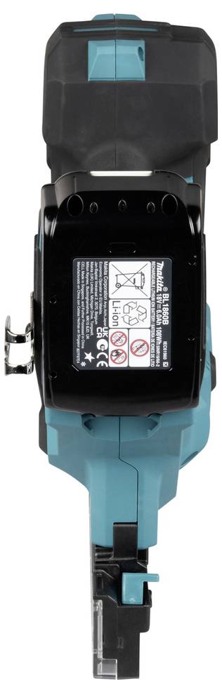 Draufsicht auf einen Akku für ein kabelloses Elektrowerkzeug mit petrolblau und schwarzem Gehäuse und einem sichtbaren Warnschild.