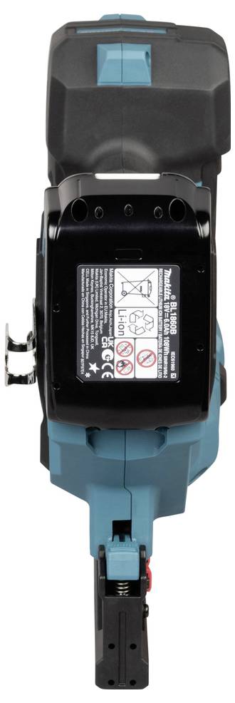 Blauer und schwarzer kabelloser Elektrowerkzeug-Akku, von hinten gezeigt, mit sichtbaren Montageschienen und Sicherheitsetikett.