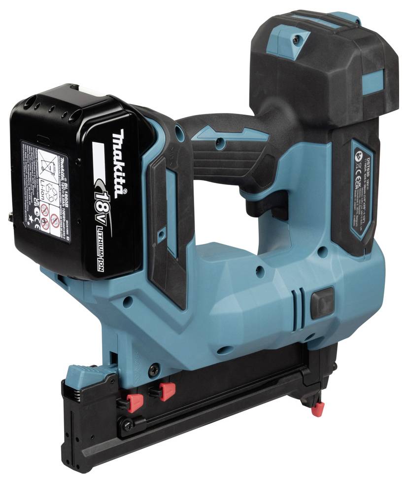 Kabellose Makita 18V Nagelschussmaschine Hefter mit Akku, in Seitenansicht auf weißem Hintergrund dargestellt.