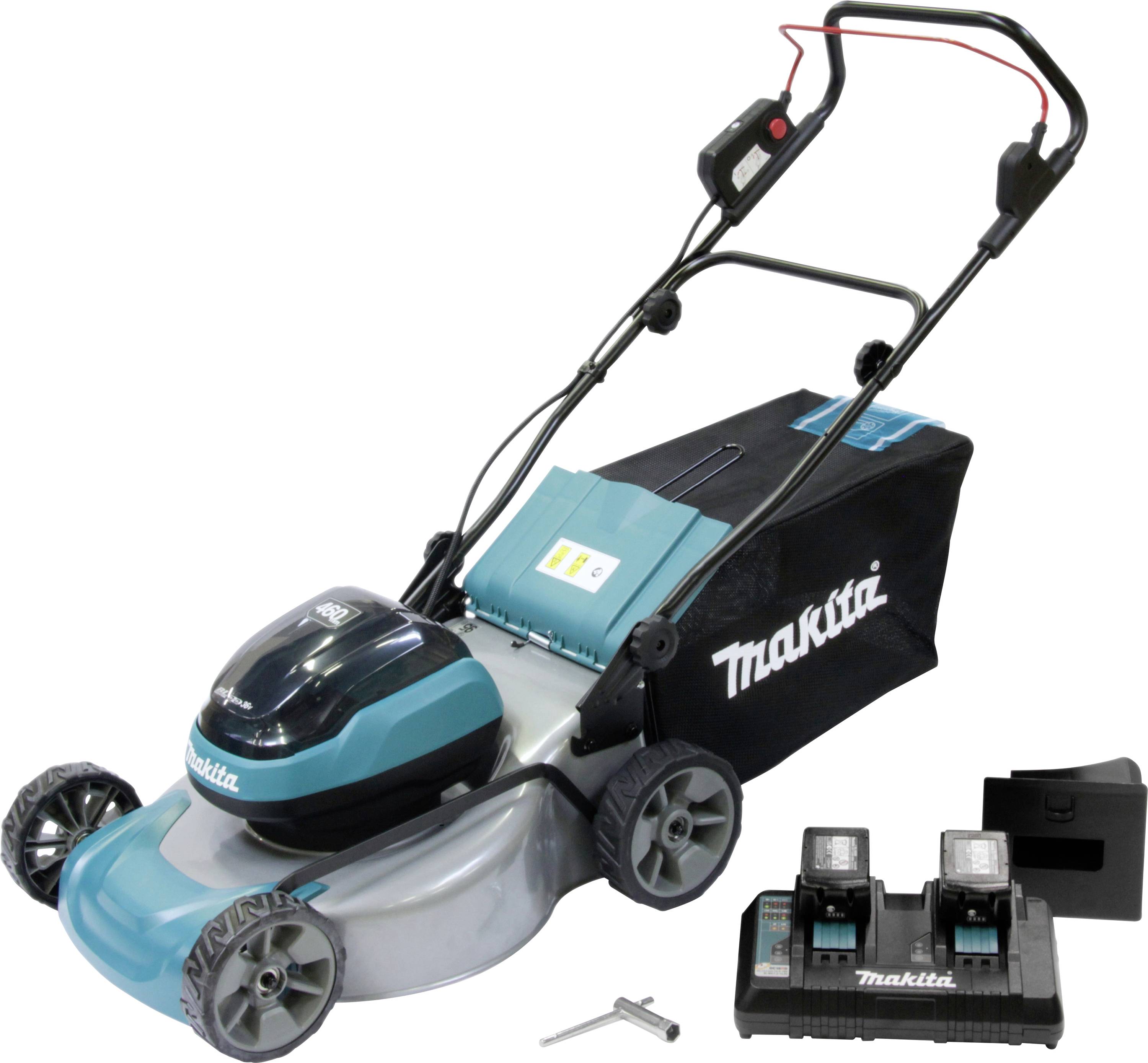 Makita Akkurasenmäher mit grünem und grauem Gehäuse, schwarzem Fangkorb und zwei Batterieschächten. Inklusive separatem Batterieladegerät.