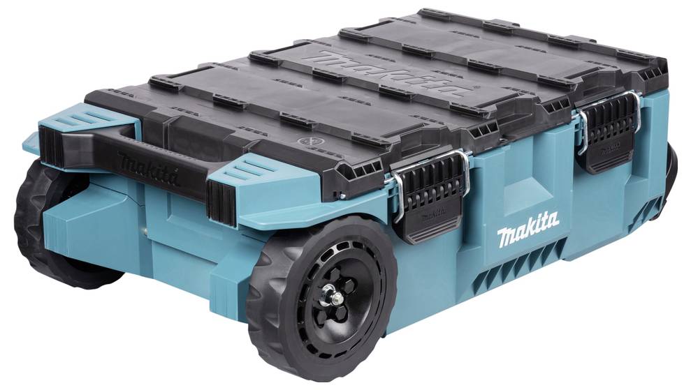 Ein tragbarer, fahrbarer Werkzeugkasten mit robustem Design, mit tealblauerem Gehäuse, schwarzen Verschlüssen und großen schwarzen Rädern für einfache Beförderung.