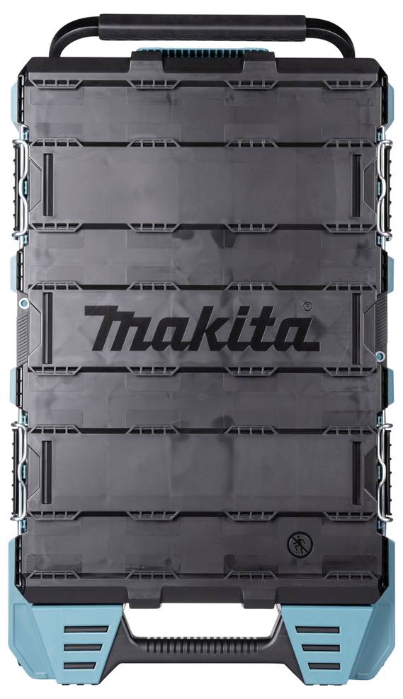 Ein schwarzer und petrolgrüner Makita-Werkzeugkoffer mit Griff, robustem Design und sichtbarem Markenlogo, das Tragbarkeit und Langlebigkeit für Werkzeuge anzeigt.