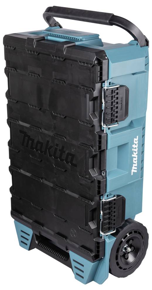 Makita Rollwerkzeugkasten in Schwarz und Blau mit Griff und Rädern, mit mehreren Fächern zur Werkzeugorganisation.