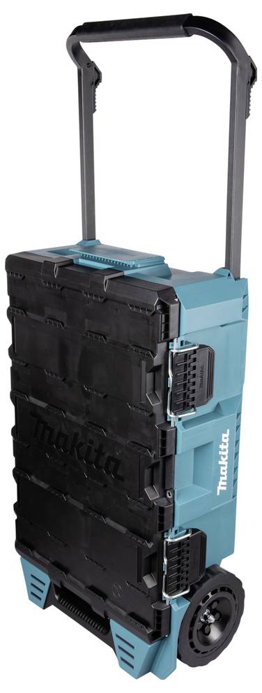 Ein tragbarer Werkzeugspeicher-Wagen in Blaugrün und Schwarz mit Griff und Rädern, entwickelt für einfachen Transport von Werkzeugen und Ausrüstung.
