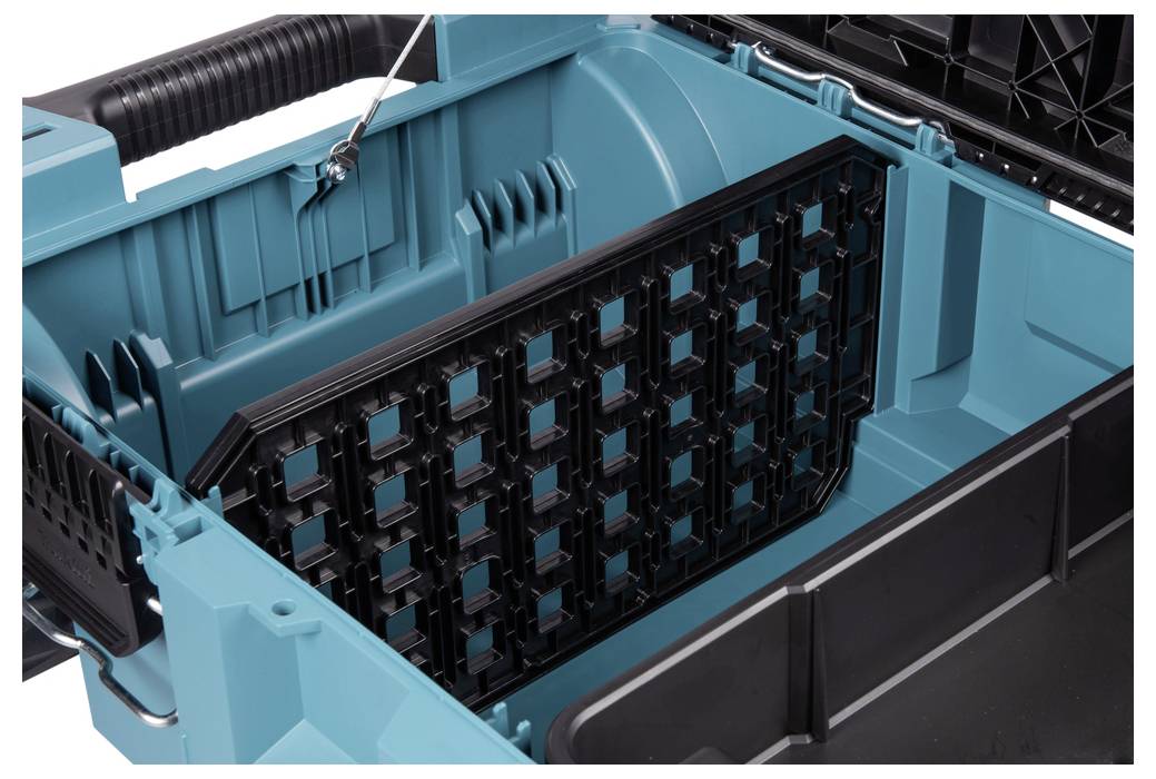 Offener blauer und schwarzer Lagerbehälter mit strukturiertem Trennsteg, Verschluss und Tragegriff.