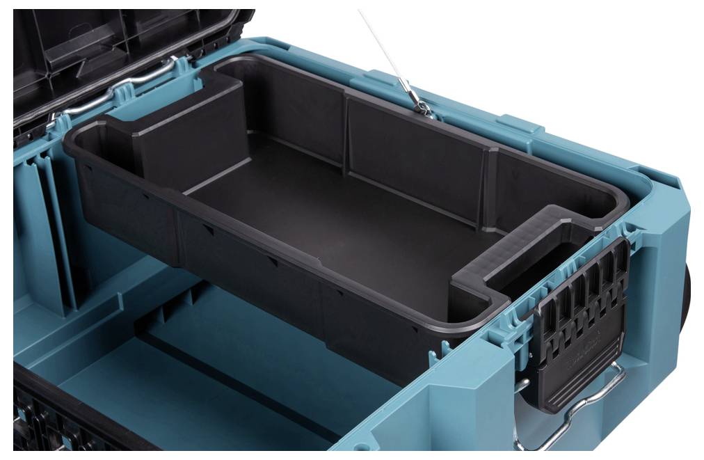 Offene Werkzeugkiste in Türkis und Schwarz mit abnehmbarem Tablett und Fächern zum Organisieren von Werkzeugen und Zubehör.