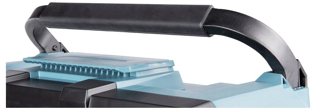 Eine Nahaufnahme eines blauen Werkzeugkasten-Griffs mit schwarzem Griff, die sein robustes Design und die Leichtigkeit beim Tragen hervorhebt.