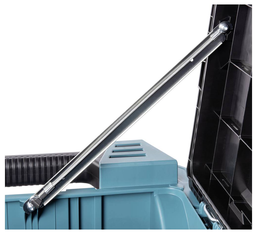 Ein Metallstab stützt den offenen Deckel einer blauen Werkzeugkiste mit organisierten Fächern, wobei der Deckelscharniersmechanismus deutlich wird.
