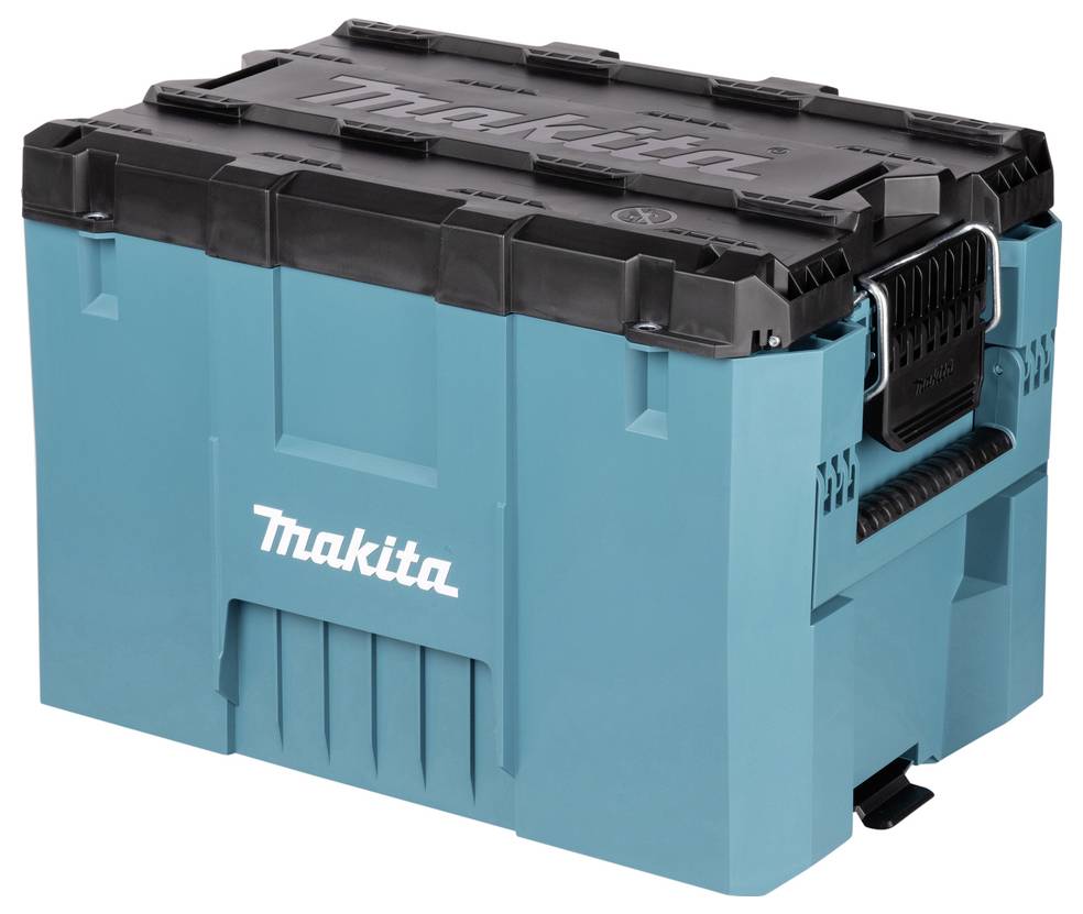 Eine blau und schwarze Werkzeugaufbewahrungsbox mit einem Firmenlogo auf der Seite, ausgestattet mit robusten Griffen und einem Verschluss für sichere Verschließung.